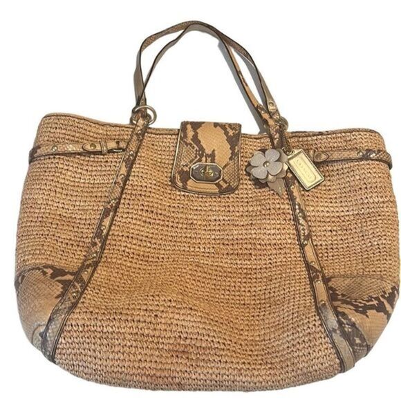 Coach Straw and Python Embossed Leather Trim Natural Large Tote 16838 - Picture 2 of 15